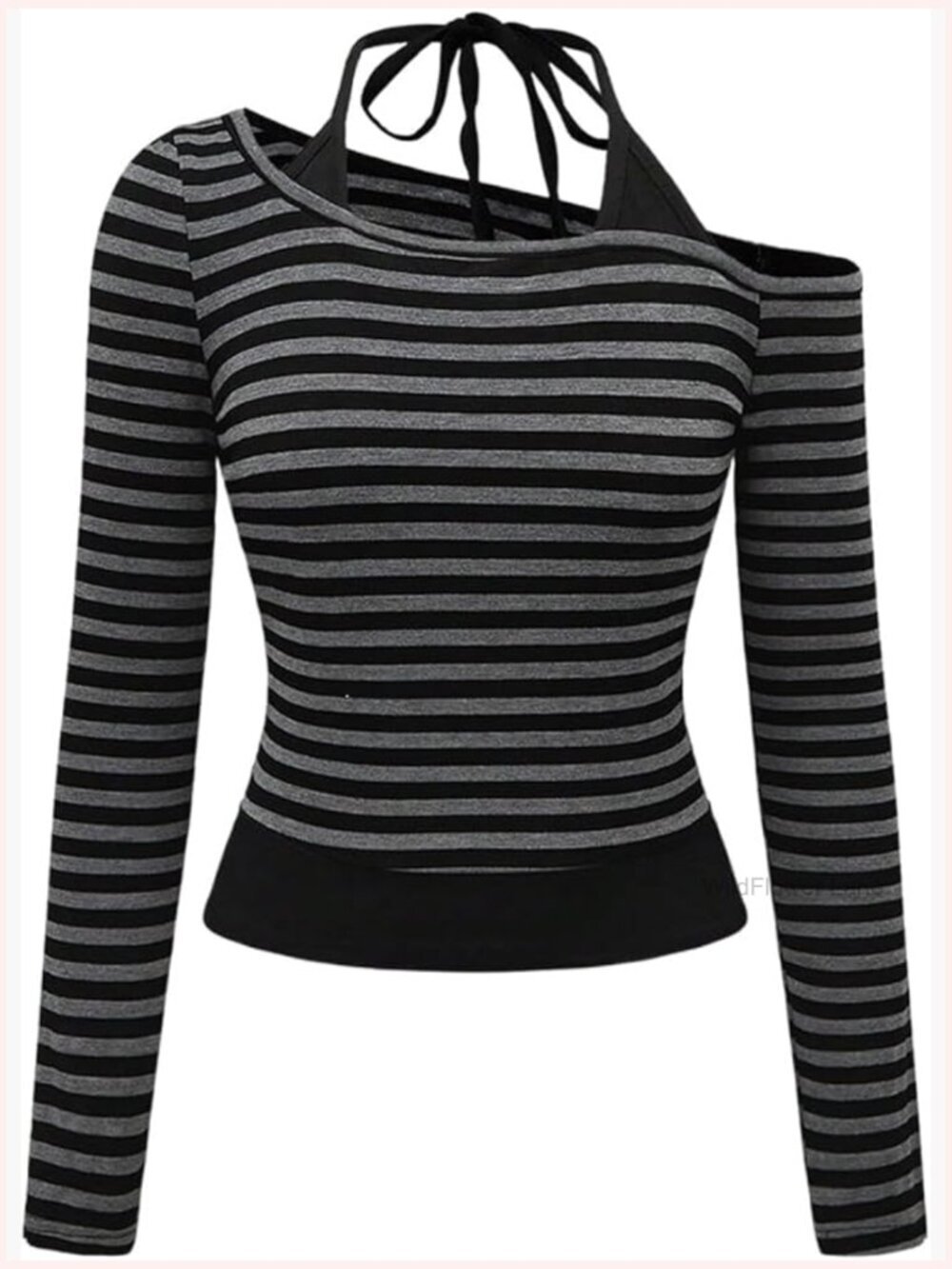 Off Shoulder Striped Long Sleeve Crop Halter Top